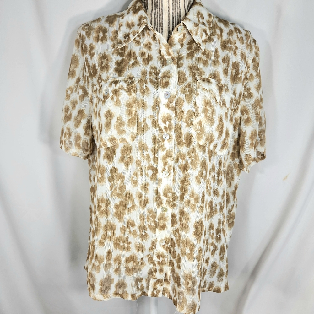Alfred Dunner Tan & White Abstract Floral Print Button Down Top Plus Size 16
